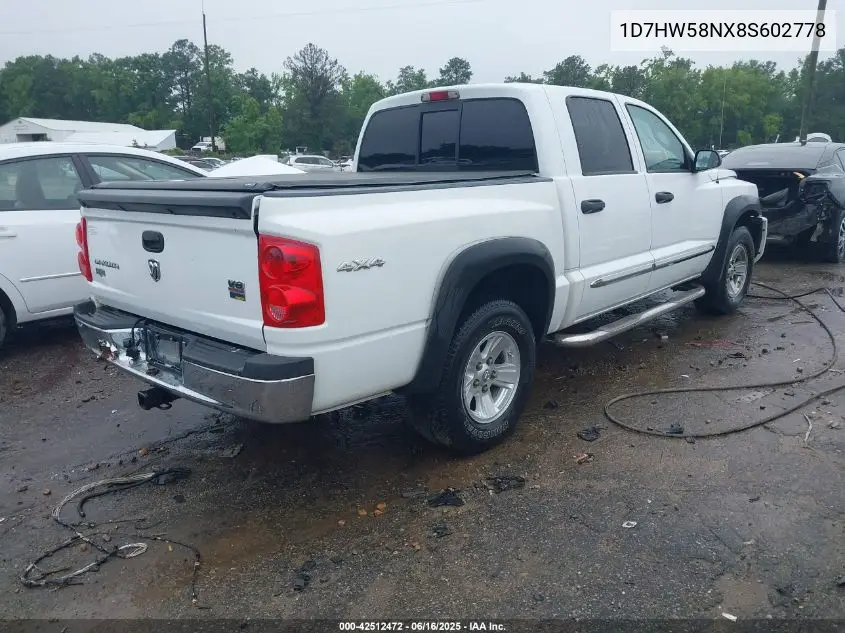 2008 Dodge Dakota Quad Laramie VIN: 1D7HW58NX8S602778 Lot: 42512472