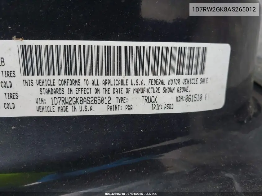2010 Dodge Dakota St VIN: 1D7RW2GK8AS265012 Lot: 42595018
