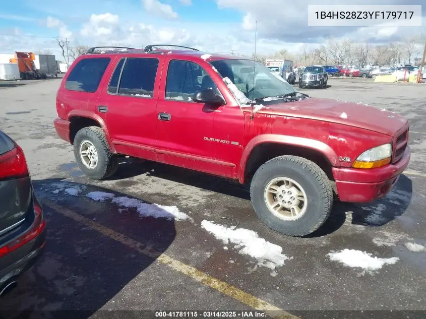 2000 Dodge Durango VIN: 1B4HS28Z3YF179717 Lot: 41781115