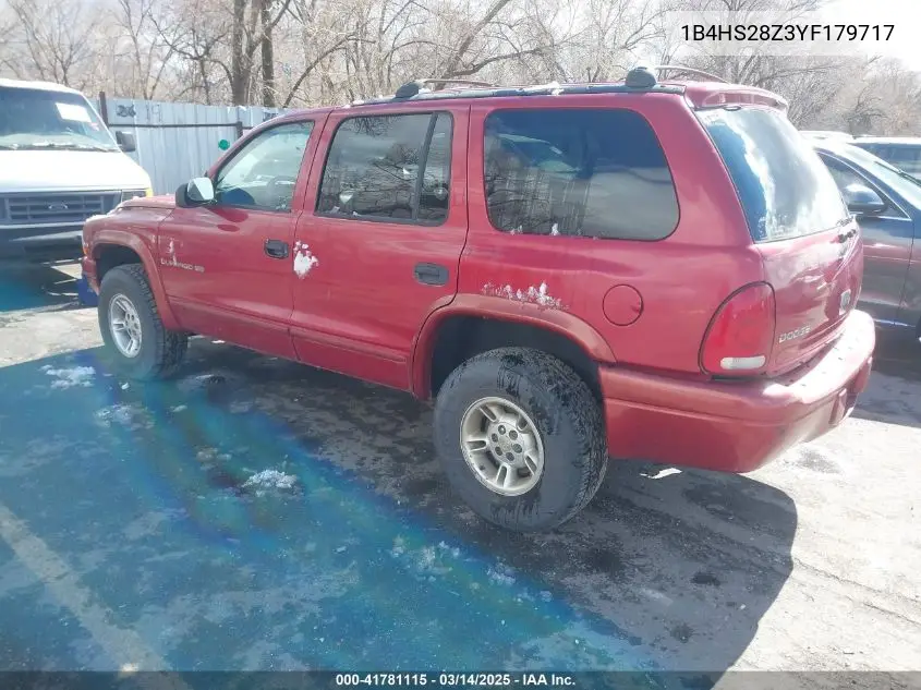 2000 Dodge Durango VIN: 1B4HS28Z3YF179717 Lot: 41781115