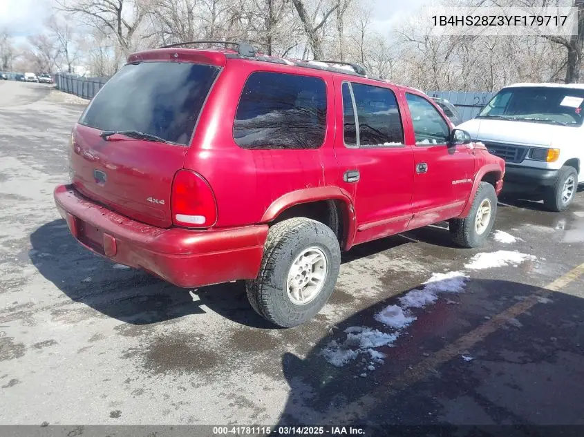 2000 Dodge Durango VIN: 1B4HS28Z3YF179717 Lot: 41781115