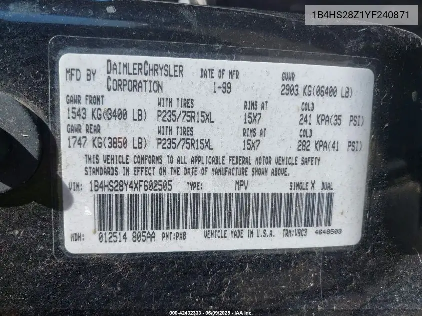 2000 Dodge Durango VIN: 1B4HS28Z1YF240871 Lot: 42432333