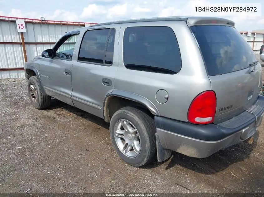 2000 Dodge Durango VIN: 1B4HS28N0YF284972 Lot: 42562667