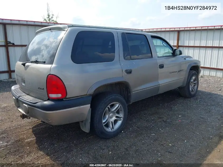 2000 Dodge Durango VIN: 1B4HS28N0YF284972 Lot: 42562667