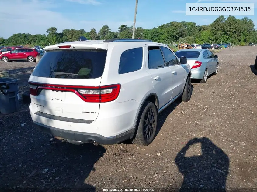 2016 Dodge Durango Limited VIN: 1C4RDJDG3GC374636 Lot: 42600541