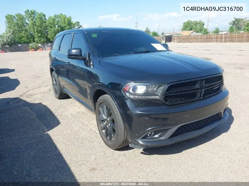 2018 Dodge Durango Sxt Rwd VIN: 1C4RDHAG9JC316700 Lot: 42621373