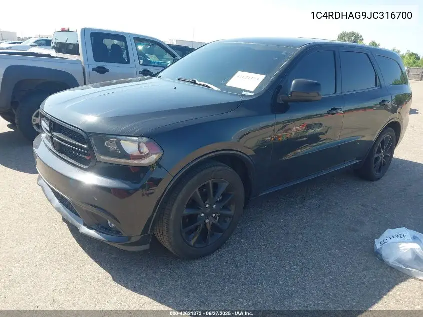 2018 Dodge Durango Sxt Rwd VIN: 1C4RDHAG9JC316700 Lot: 42621373