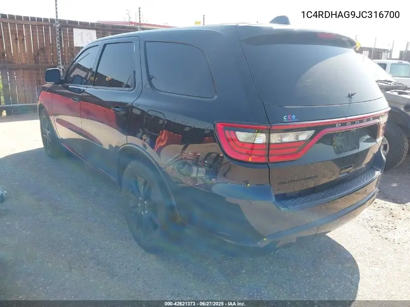 2018 Dodge Durango Sxt Rwd VIN: 1C4RDHAG9JC316700 Lot: 42621373