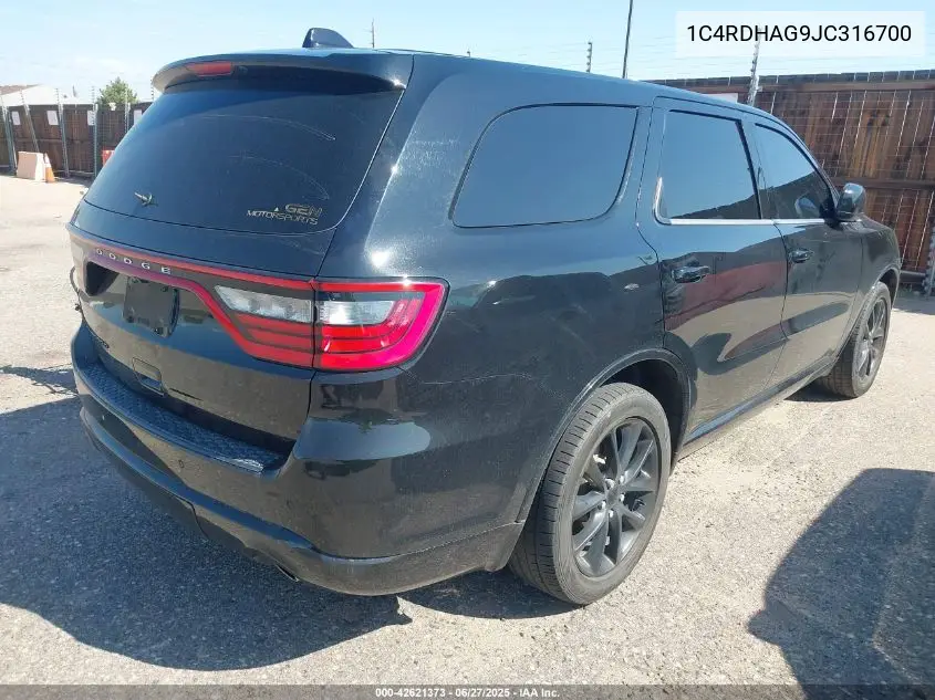 2018 Dodge Durango Sxt Rwd VIN: 1C4RDHAG9JC316700 Lot: 42621373