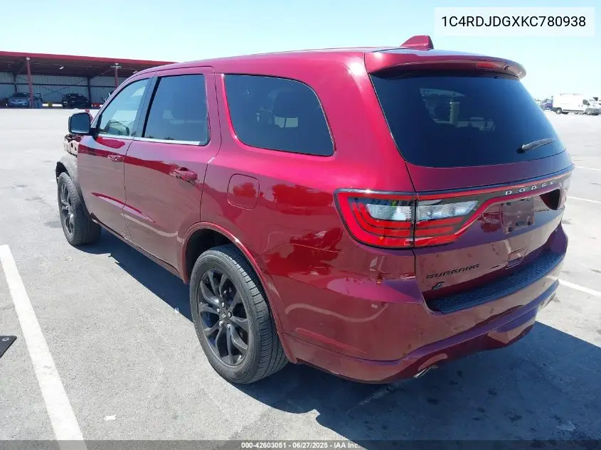 2019 Dodge Durango Gt Awd VIN: 1C4RDJDGXKC780938 Lot: 42603051
