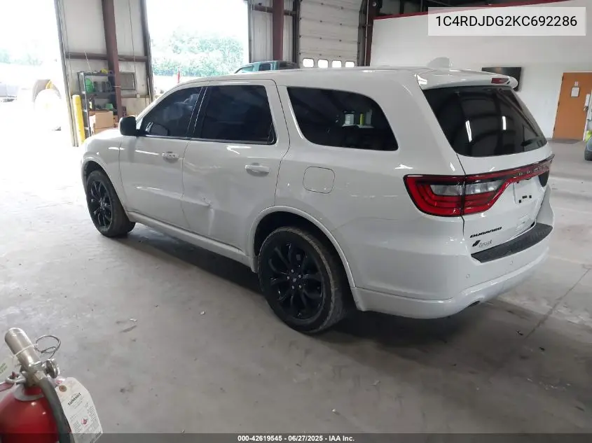 2019 Dodge Durango Gt Awd VIN: 1C4RDJDG2KC692286 Lot: 42619545