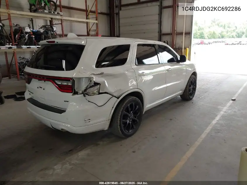 2019 Dodge Durango Gt Awd VIN: 1C4RDJDG2KC692286 Lot: 42619545