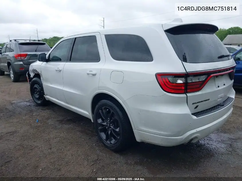 2021 Dodge Durango Gt Awd VIN: 1C4RDJDG8MC751814 Lot: 42215306
