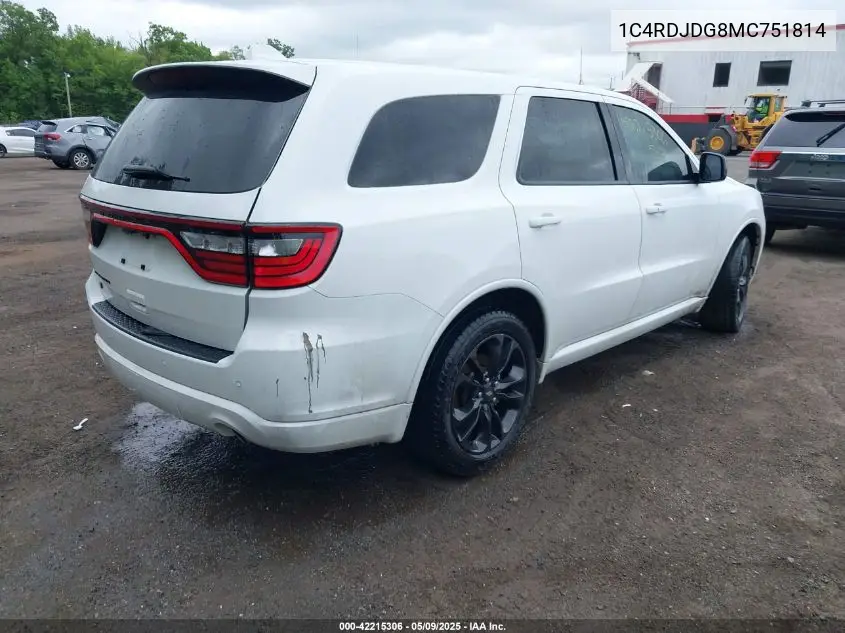 2021 Dodge Durango Gt Awd VIN: 1C4RDJDG8MC751814 Lot: 42215306