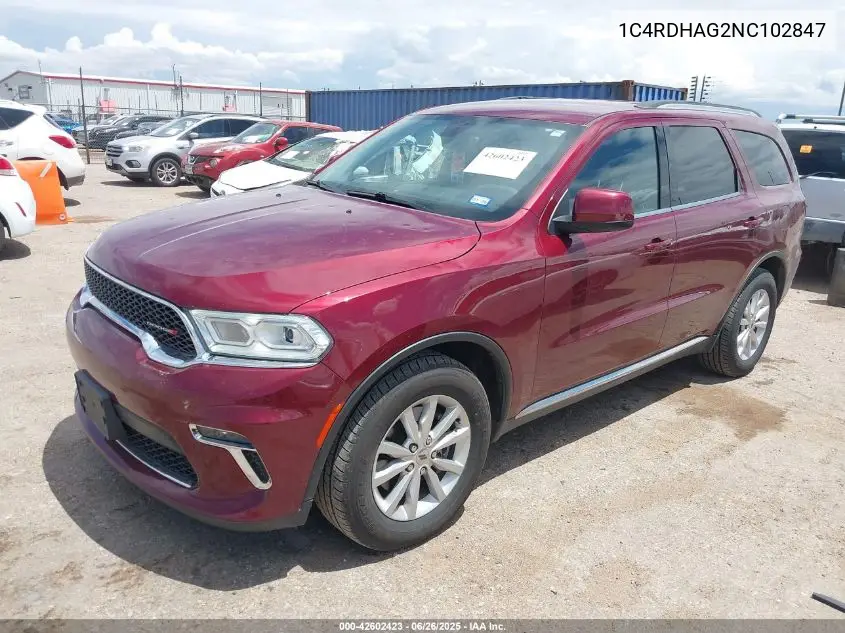 2022 Dodge Durango Sxt Rwd VIN: 1C4RDHAG2NC102847 Lot: 42602423