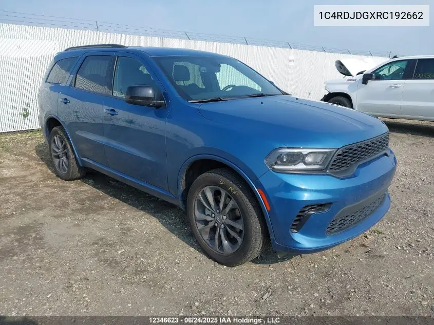 2024 Dodge Durango Gt VIN: 1C4RDJDGXRC192662 Lot: 12346623