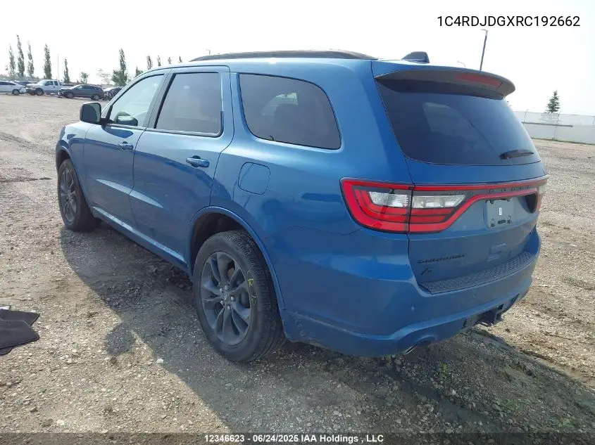 2024 Dodge Durango Gt VIN: 1C4RDJDGXRC192662 Lot: 12346623