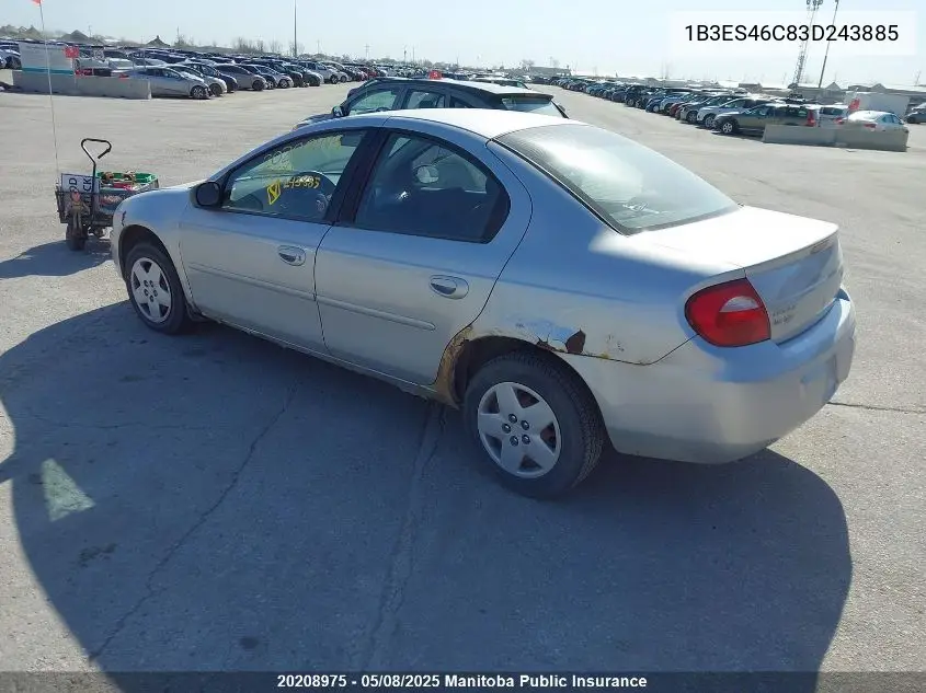 2003 Dodge Neon Sxt VIN: 1B3ES46C83D243885 Lot: 20208975