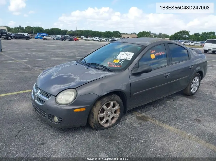2003 Dodge Neon Sxt VIN: 1B3ES56C43D247003 Lot: 42111917