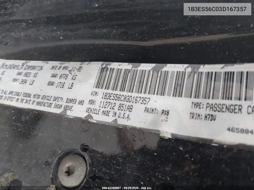 2003 Dodge Neon Sxt VIN: 1B3ES56C03D167357 Lot: 42386907