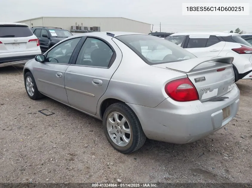 2004 Dodge Neon Sxt VIN: 1B3ES56C14D600251 Lot: 41324964