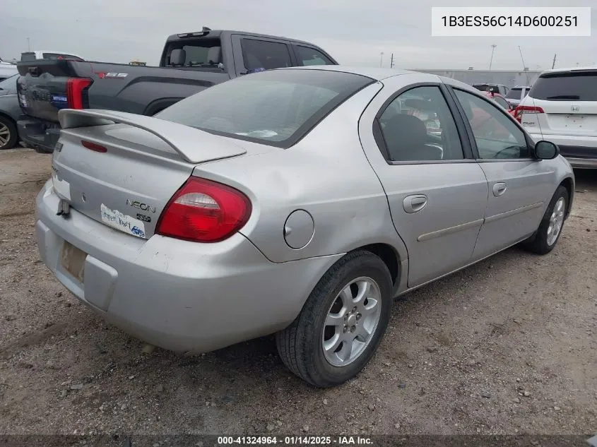 2004 Dodge Neon Sxt VIN: 1B3ES56C14D600251 Lot: 41324964