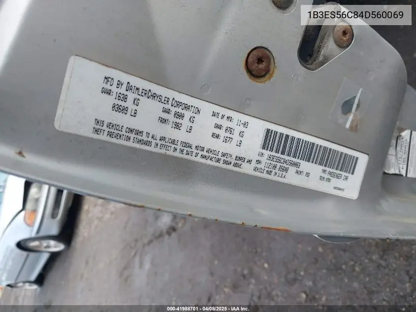 2004 Dodge Neon Sxt VIN: 1B3ES56C84D560069 Lot: 41988701