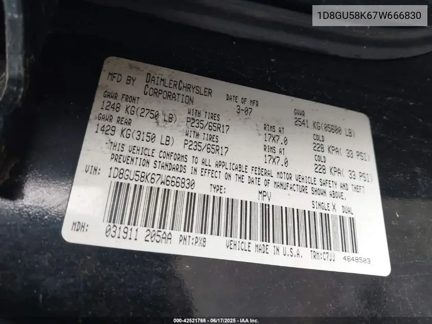 2007 Dodge Nitro Slt/Rt VIN: 1D8GU58K67W666830 Lot: 42521766