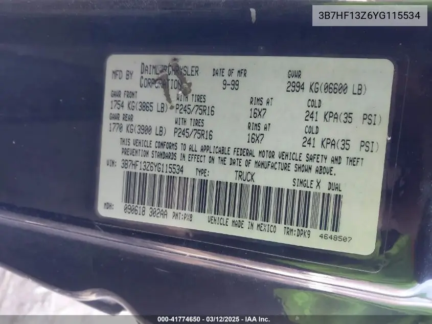 2000 Dodge Ram 1500 VIN: 3B7HF13Z6YG115534 Lot: 41774650