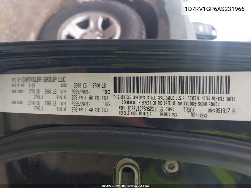 2010 Dodge Ram 1500 St VIN: 1D7RV1GP6AS231966 Lot: 42257929