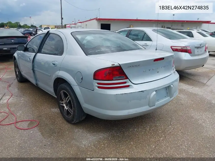 2002 Dodge Stratus Se Plus VIN: 1B3EL46X42N274835 Lot: 42223786