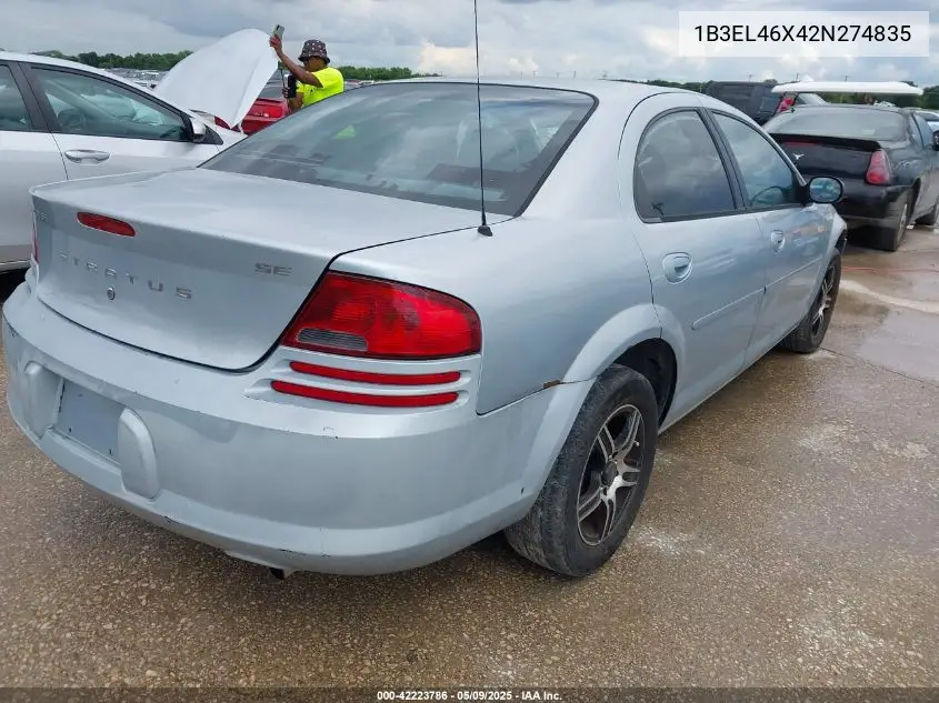 2002 Dodge Stratus Se Plus VIN: 1B3EL46X42N274835 Lot: 42223786