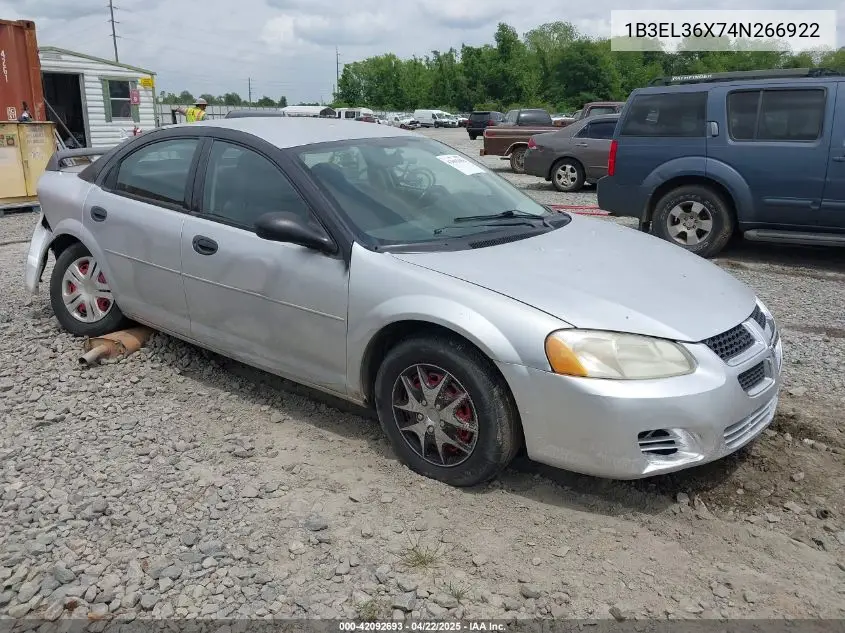 2004 Dodge Stratus Se VIN: 1B3EL36X74N266922 Lot: 42092693