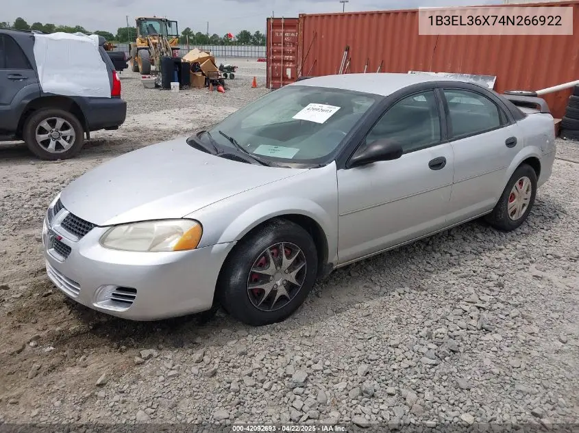 2004 Dodge Stratus Se VIN: 1B3EL36X74N266922 Lot: 42092693