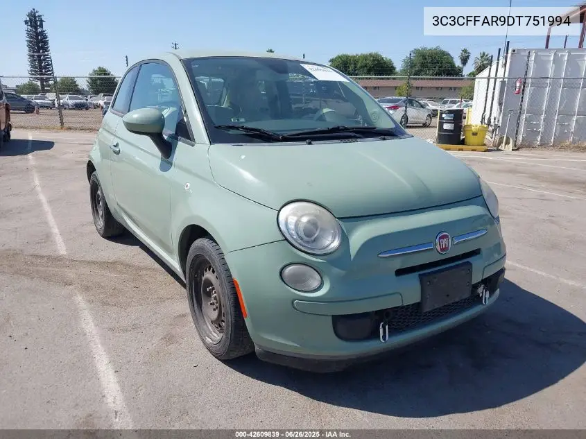 2013 Fiat 500 Pop VIN: 3C3CFFAR9DT751994 Lot: 42609839