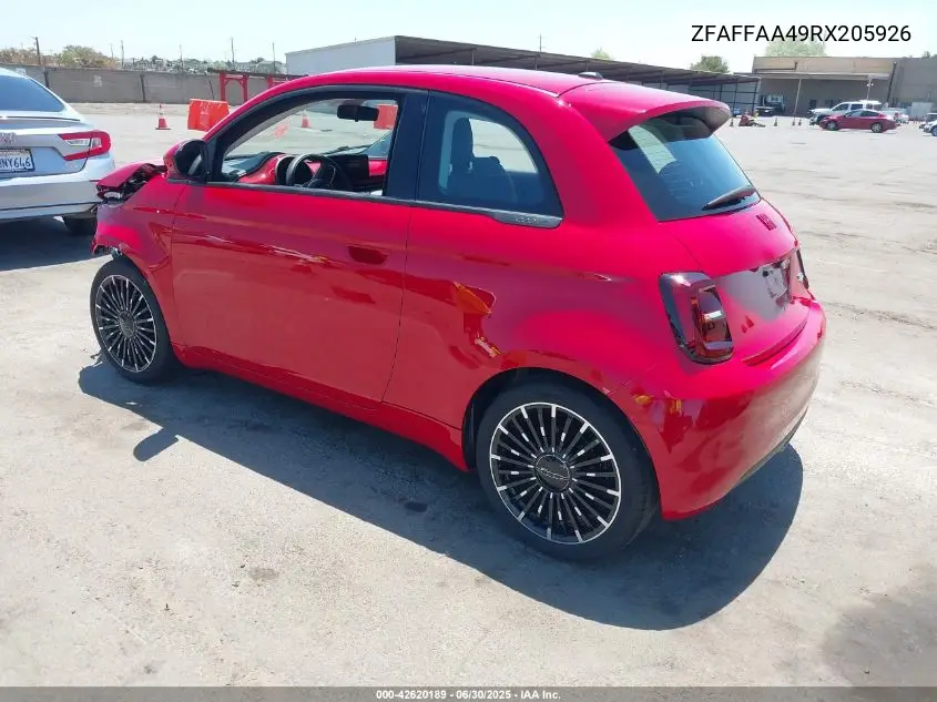 2024 Fiat 500E Inspi(Red) Fwd VIN: ZFAFFAA49RX205926 Lot: 42620189