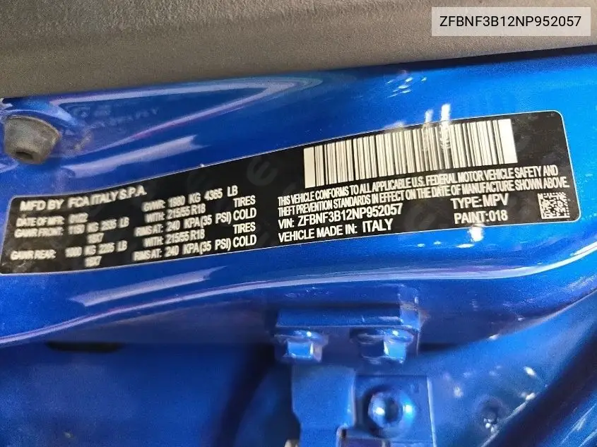 2022 Fiat 500X Trekking VIN: ZFBNF3B12NP952057 Lot: 42269568