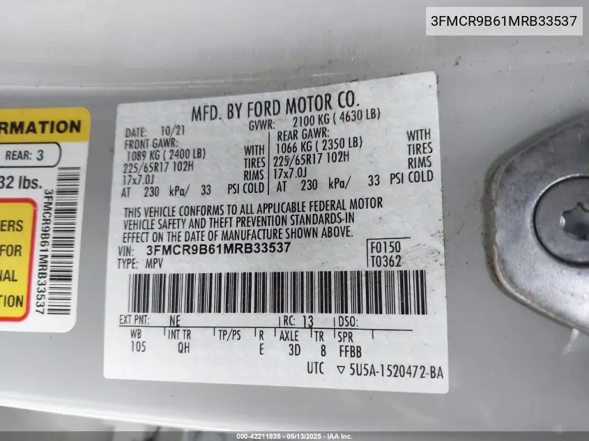 2021 Ford Bronco Sport Big Bend VIN: 3FMCR9B61MRB33537 Lot: 42211835
