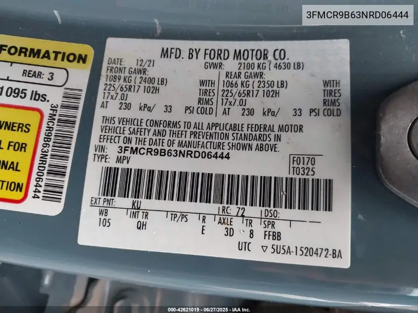 2022 Ford Bronco Sport Big Bend VIN: 3FMCR9B63NRD06444 Lot: 42621019