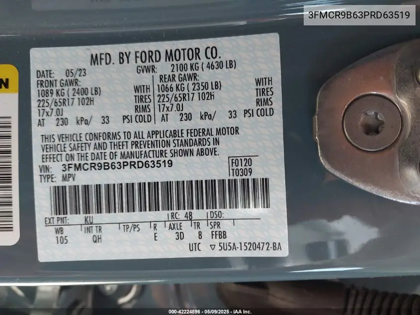 2023 Ford Bronco Sport Big Bend VIN: 3FMCR9B63PRD63519 Lot: 42224896