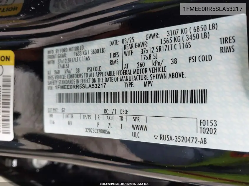 2025 Ford Bronco Raptor VIN: 1FMEE0RR5SLA53217 Lot: 42249353