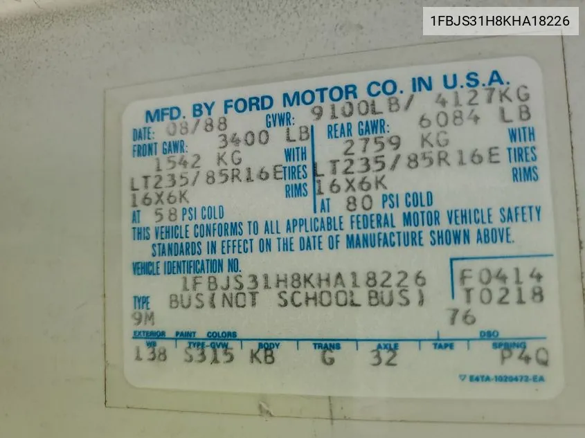 1989 Ford Econoline E350 Super Duty VIN: 1FBJS31H8KHA18226 Lot: 41383872