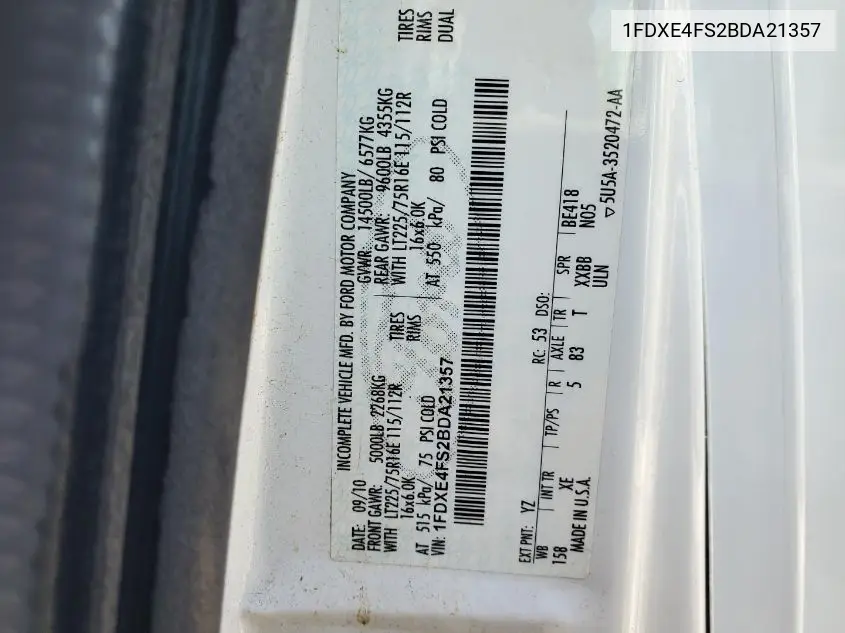 2011 Ford E-450 Cutaway E450 Super Duty Cutwy Van VIN: 1FDXE4FS2BDA21357 Lot: 42731358