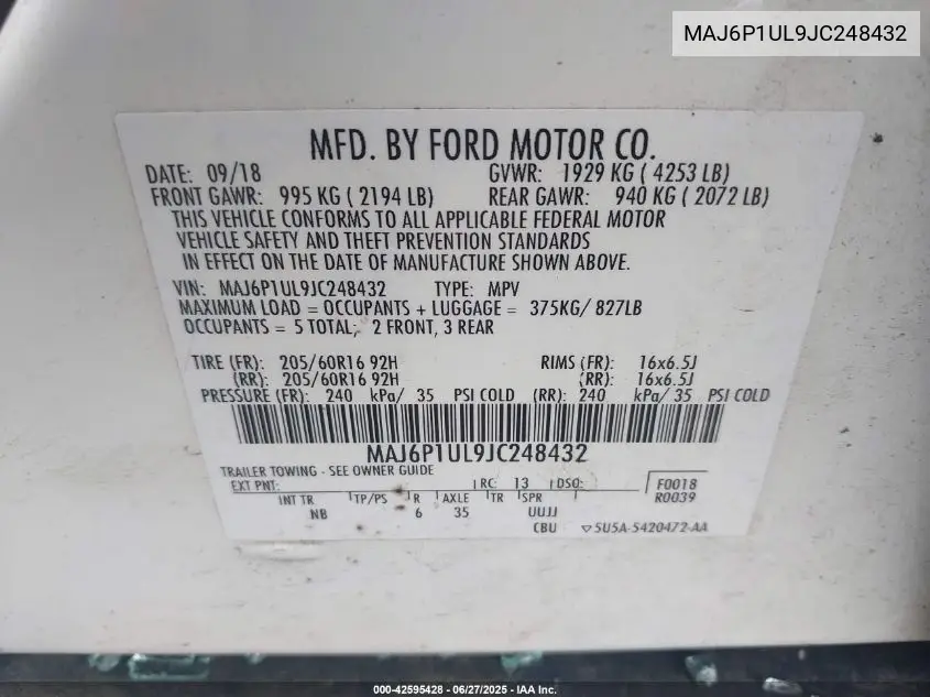 2018 Ford Ecosport Se VIN: MAJ6P1UL9JC248432 Lot: 42595428
