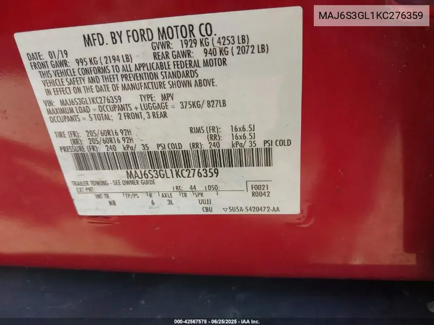 2019 Ford Ecosport Se VIN: MAJ6S3GL1KC276359 Lot: 42567578