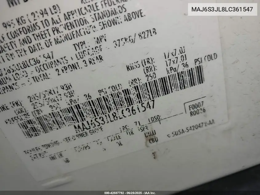 2020 Ford Ecosport Ses VIN: MAJ6S3JL8LC361547 Lot: 42587792