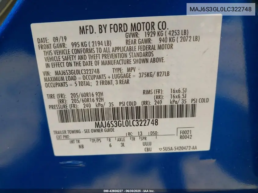 2020 Ford Ecosport Se VIN: MAJ6S3GL0LC322748 Lot: 42608227
