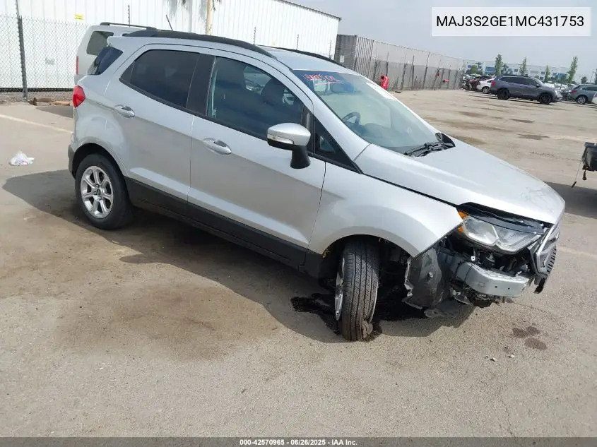 2021 Ford Ecosport Se VIN: MAJ3S2GE1MC431753 Lot: 42570965