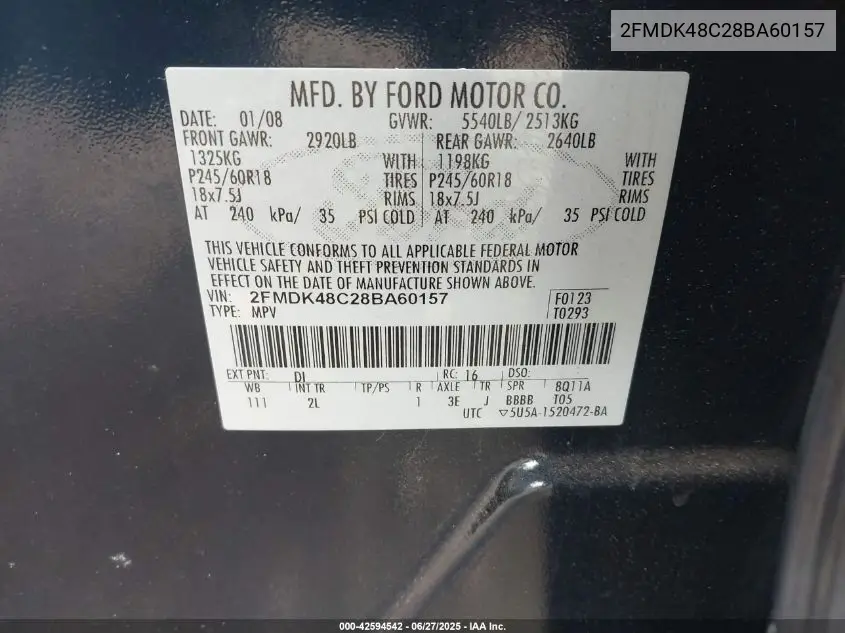 2008 Ford Edge Sel VIN: 2FMDK48C28BA60157 Lot: 42594542