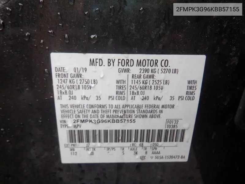 2019 Ford Edge Se VIN: 2FMPK3G96KBB57155 Lot: 42628596